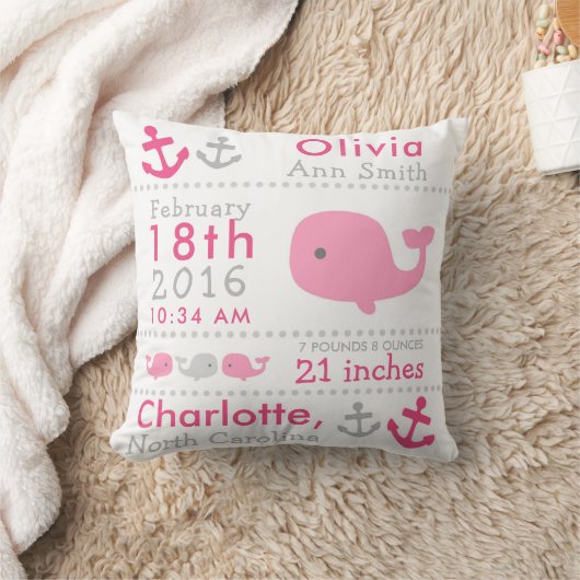 Birth Stats Nautical Whale Nursery Sierkussen (Deken)