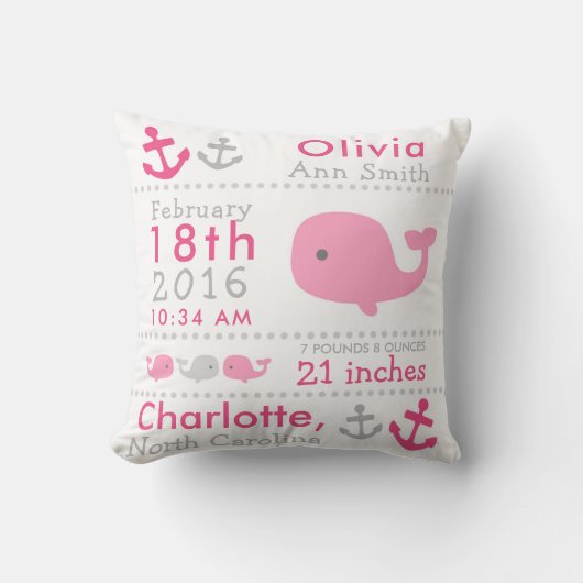 Birth Stats Nautical Whale Nursery Sierkussen (Voorkant)