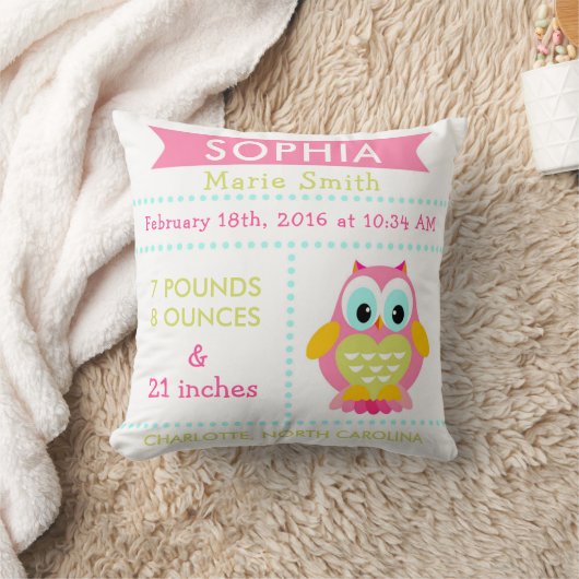 Birth Stats Owl Nursery Pillow roze Kussen (Deken)