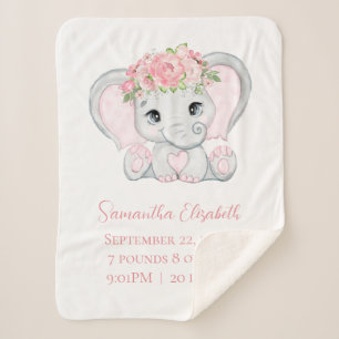 Birth Stats Pink Baby Elephant Baby Blanket Sherpa Deken