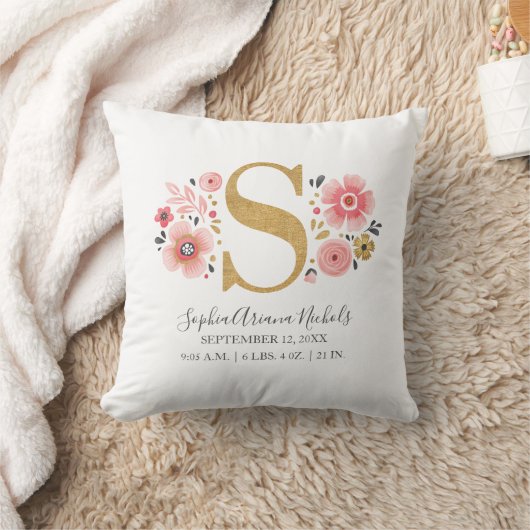 Birth Stats Pink Floral Monogram Initiaal Letter S Kussen (Deken)