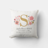 Birth Stats Pink Floral Monogram Initiaal Letter S Kussen (Voorkant)