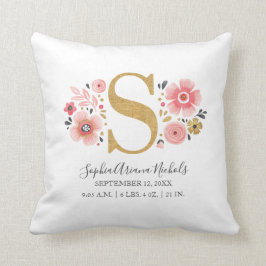 Birth Stats Pink Floral Monogram Initiaal Letter S Kussen