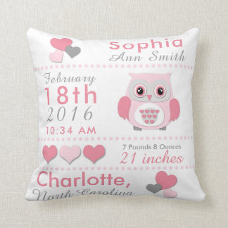 Birth Stats Pink Grey Owl Nursery Sierkussen