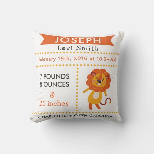 Birth Stats Safari Lion Nursery Pillow Kussen (Voorkant)
