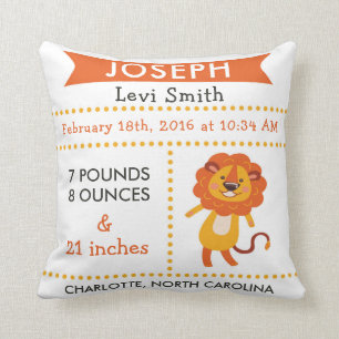 Birth Stats Safari Lion Nursery Pillow Kussen