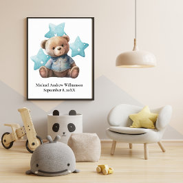 Birth Stats Teddy Bear Blue Baby Nursery Poster