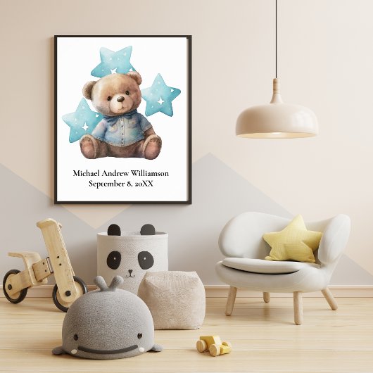Birth Stats Teddy Bear Blue Baby Nursery Poster