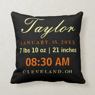 Birth Stats Typografie Black Yellow & Oranje Kussen