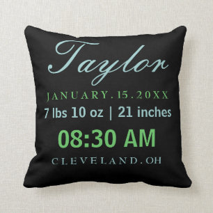 Birth Stats Typography Black Green & Blue Kussen