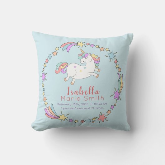 Birth Stats Unicorn Nursery Pillow Kussen (Voorkant)