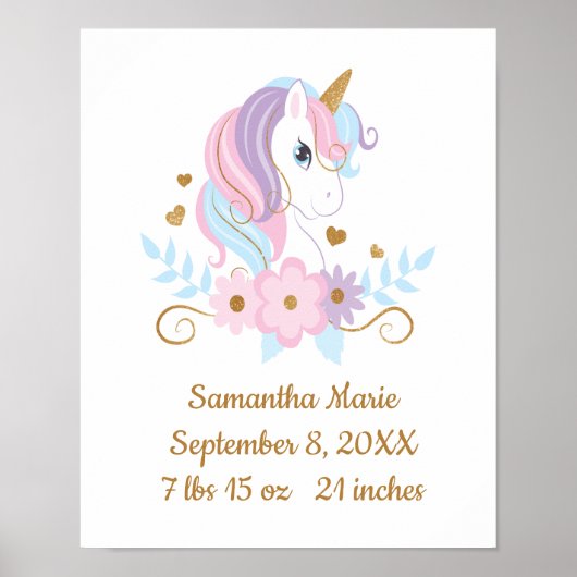 Birth Stats Unicorn Pink Blue Gold, Girly Poster (Voorkant)