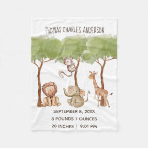 Birth Stats Woodland Oerwoud Safari Animals Baby Fleece Deken