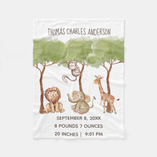 Birth Stats Woodland Oerwoud Safari Animals Baby Fleece Deken (Voorkant)