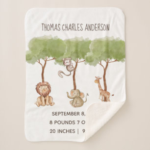 Birth Stats Woodland Oerwoud Safari Animals Baby Sherpa Deken