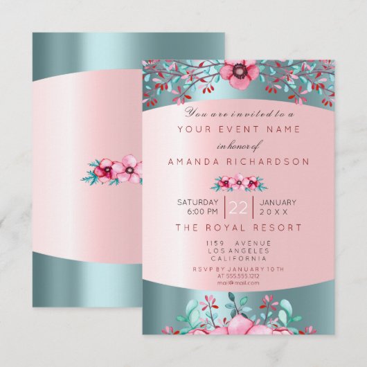 Birthay 16e bruids Bloemen Roze Blauw Water Aqua Kaart (Voorkant / Achterkant)