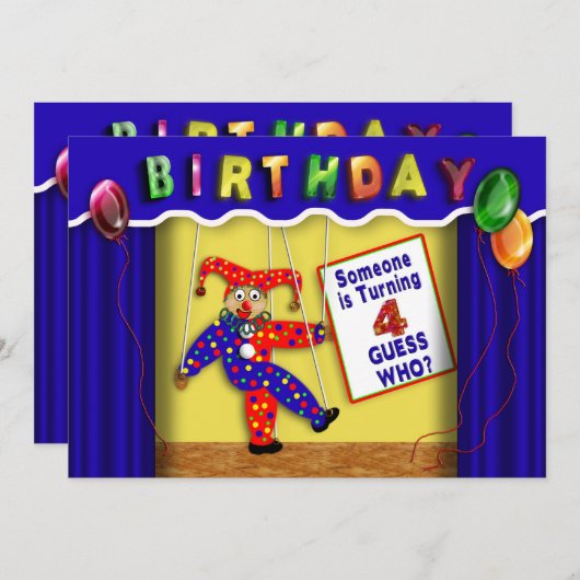 BIRTHDAAGSE PARTIJINVITATIE - 4-JAAR - PUPPET-FASE KAART (Voorkant / Achterkant)