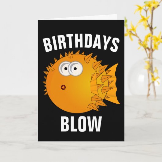 BIRTHDAGEN BLOW, PUFFER FISH FUNNY CARD KAART (Gele Bloem)