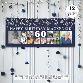 Birthday 12 Foto Collage Blue Silver Confetti Spandoek