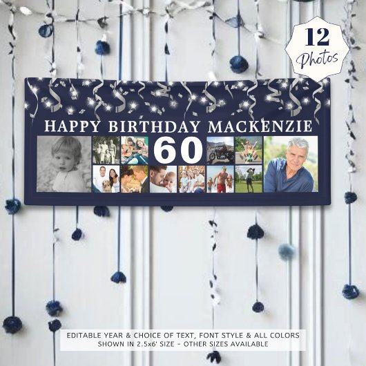 Birthday 12 Foto Collage Blue Silver Confetti Spandoek