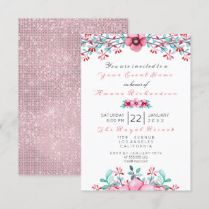 Birthday 16e Bridal Floral Pink Bohemian Sparkly Kaart