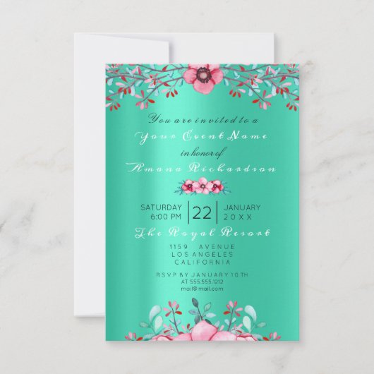 Birthday 16th Bridal Floral Pink Mint Roos Glitter Kaart (Voorkant)