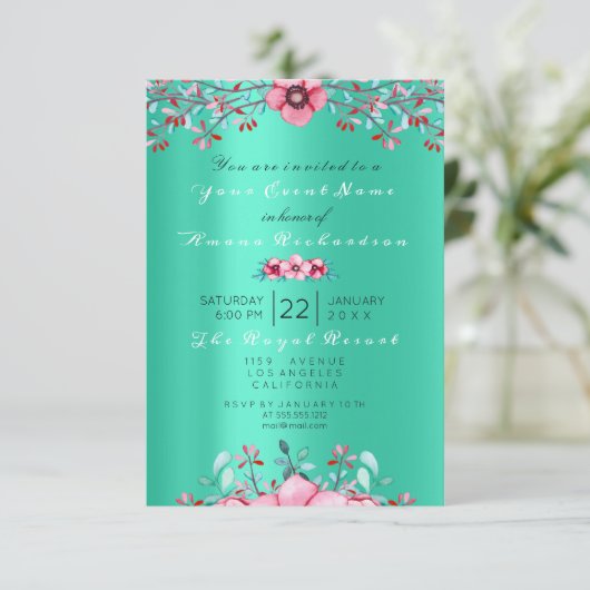 Birthday 16th Bridal Floral Pink Mint Roos Glitter Kaart (Staand voorkant)