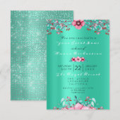 Birthday 16th Bridal Floral Pink Mint Roos Glitter Kaart (Voorkant / Achterkant)