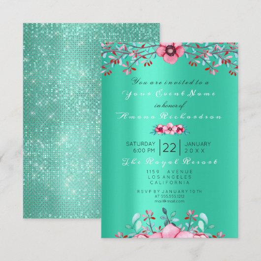 Birthday 16th Bridal Floral Pink Mint Roos Glitter Kaart (Voorkant / Achterkant)