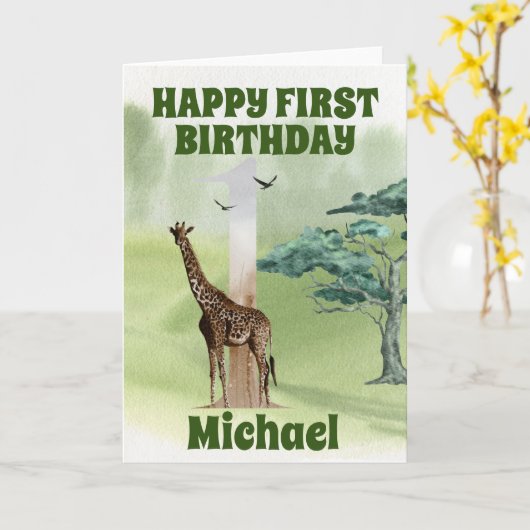 Birthday 1e Safari Giraffe Afrika Kaart (Gele Bloem)