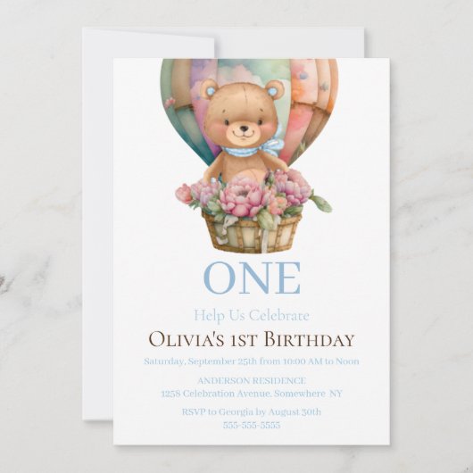 Birthday 1st Teddy Bear Ballonuitnodiging Kaart (Voorkant)