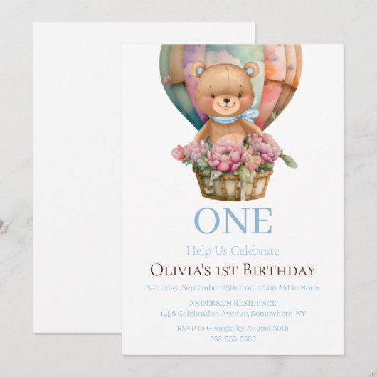 Birthday 1st Teddy Bear Ballonuitnodiging Kaart (Voorkant / Achterkant)