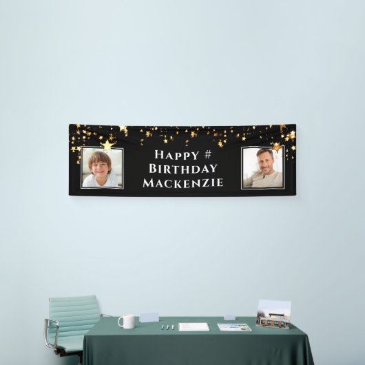 Birthday 2 Foto Black Gold Stars gepersonaliseerd Spandoek (Beurs)
