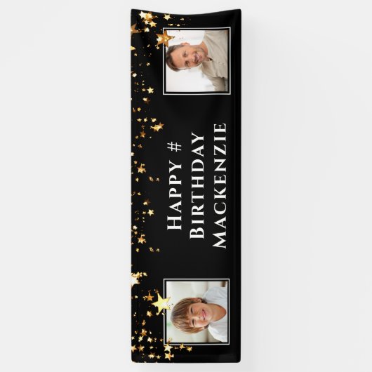 Birthday 2 Foto Black Gold Stars gepersonaliseerd Spandoek (Verticaal)