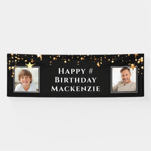 Birthday 2 Foto Black Gold Stars gepersonaliseerd Spandoek (Horizontaal)