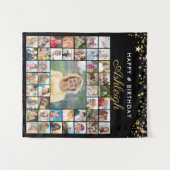 Birthday 45 Photo Collage Black Gold Stars Script Wandkleed (Voorkant (horizontaal))