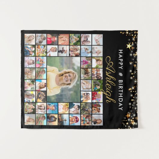 Birthday 45 Photo Collage Black Gold Stars Script Wandkleed (Voorkant (horizontaal))