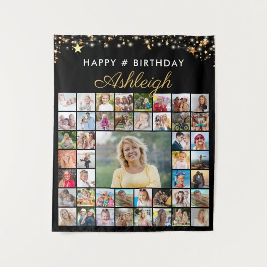 Birthday 45 Photo Collage Black Gold Stars Script Wandkleed (Voorkant)