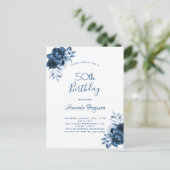 Birthday 50 blue florals white script briefkaart (Staand voorkant)