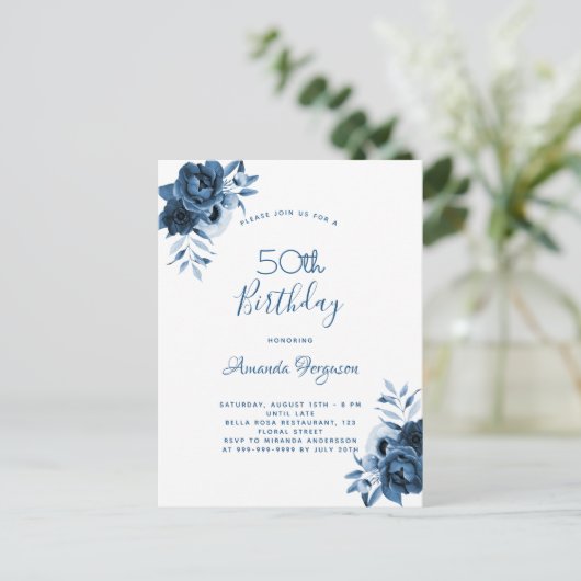 Birthday 50 blue florals white script briefkaart (Staand voorkant)