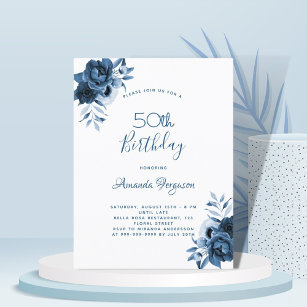 Birthday 50 blue florals white script briefkaart