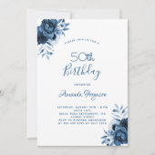 Birthday 50 blue florals white script kaart (Voorkant)
