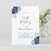 Birthday 50 blue florals white script kaart (Staand voorkant)