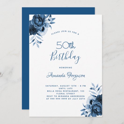 Birthday 50 blue florals white script kaart (Voorkant / Achterkant)