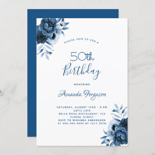 Birthday 50 blue florals white script kaart