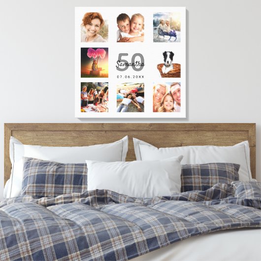 Birthday 50 douane foto collage wit monogram canvas afdruk (Insitu (Slaapkamer))