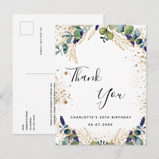 Birthday 50 eucalyptusgrienery dank u briefkaart (Voorkant / Achterkant)