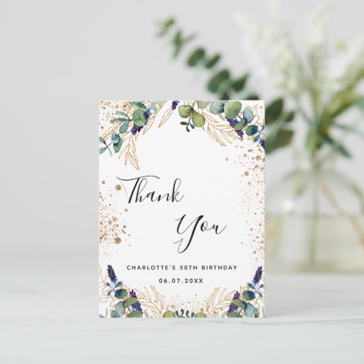 Birthday 50 eucalyptusgrienery dank u briefkaart (Staand voorkant)