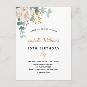 Birthday 50 florale eucalyptus goudgroene elegant briefkaart