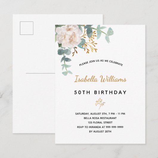Birthday 50 florale eucalyptus goudgroene elegant briefkaart (Voorkant / Achterkant)